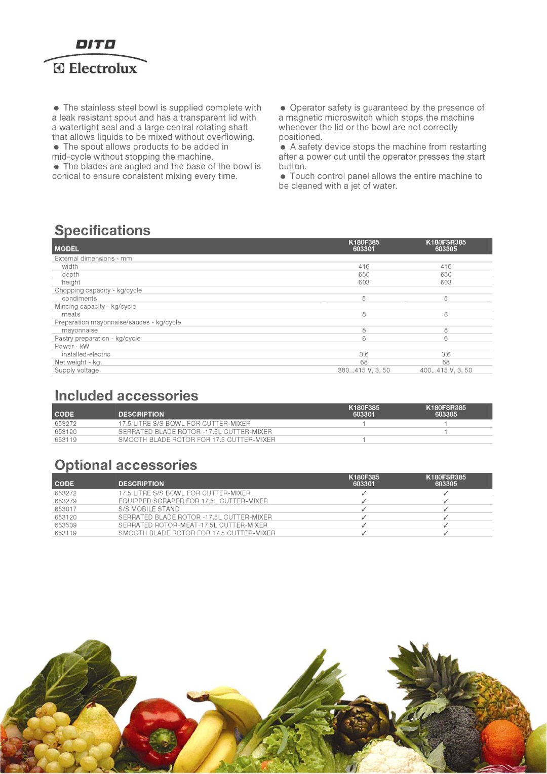 Electrolux manual Specifications, Included accessories, Optional accessories, K180F385 K180FSR385 