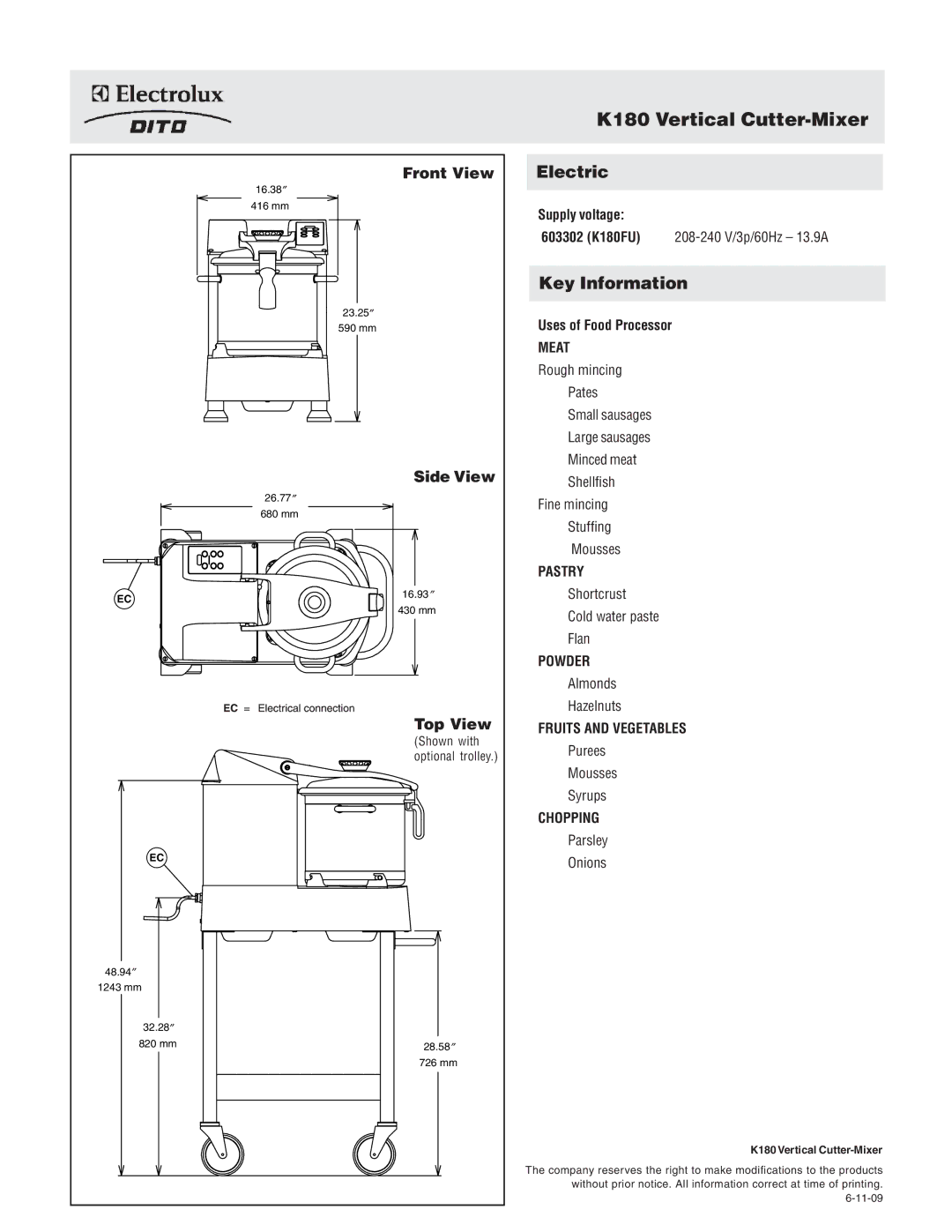 Electrolux K180FU, 603302 dimensions K180 Vertical Cutter-Mixer, Front View, Side View, Top View 