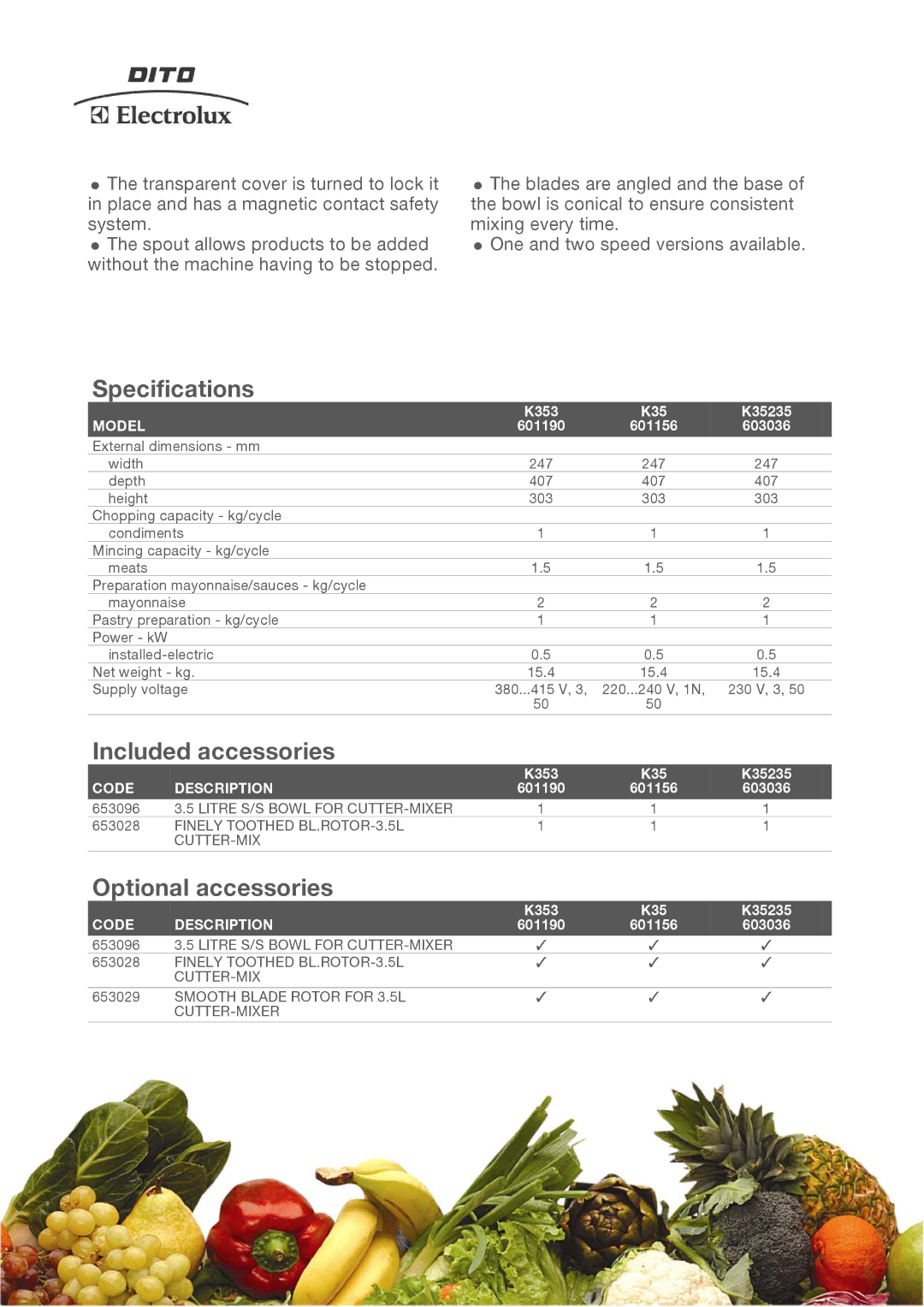 Electrolux 601190, K353, K35235, 601156, 603036 manual Specifications, Included accessories, Optional accessories 