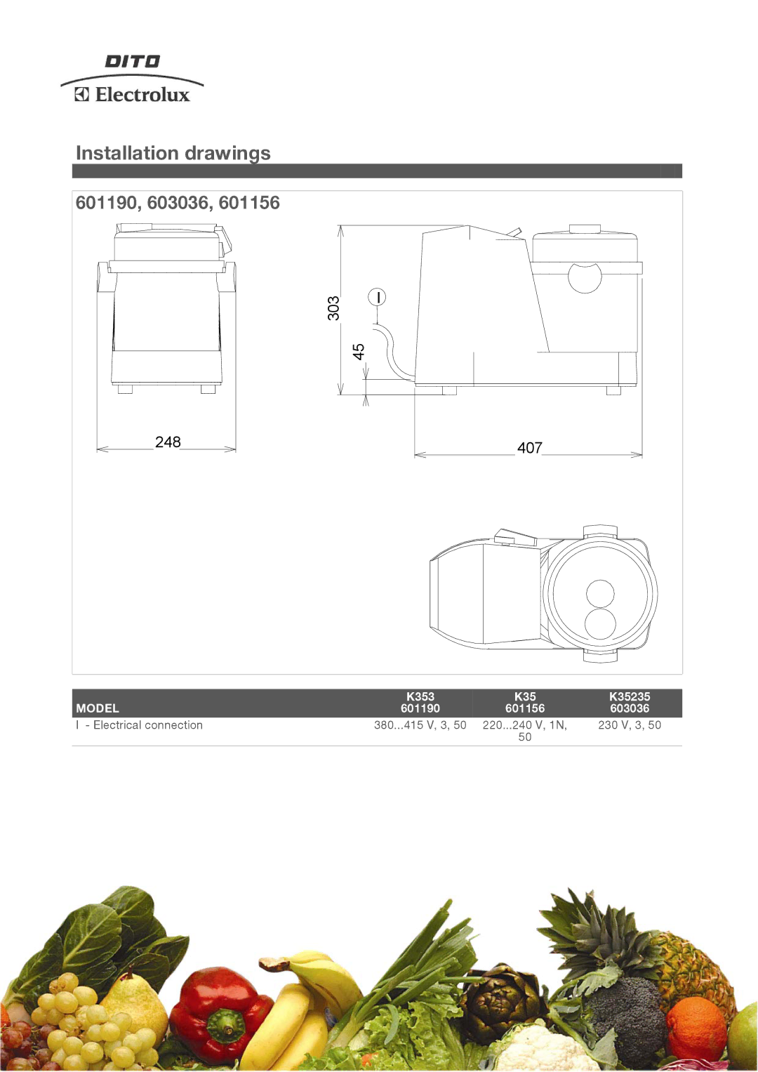 Electrolux 601156, K353, K35235 manual Installation drawings, 601190, 603036 