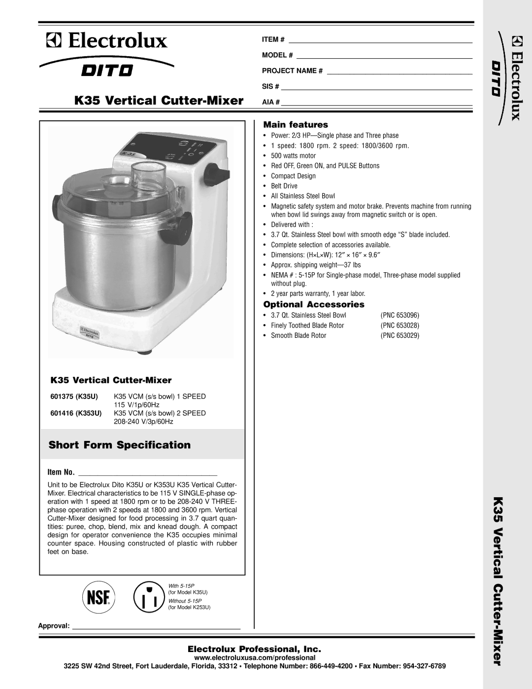 Electrolux K353U, K35U, 601416, 601375 manual With 5-15P, 208-240 V/3p/60Hz, Model #, Sis # 