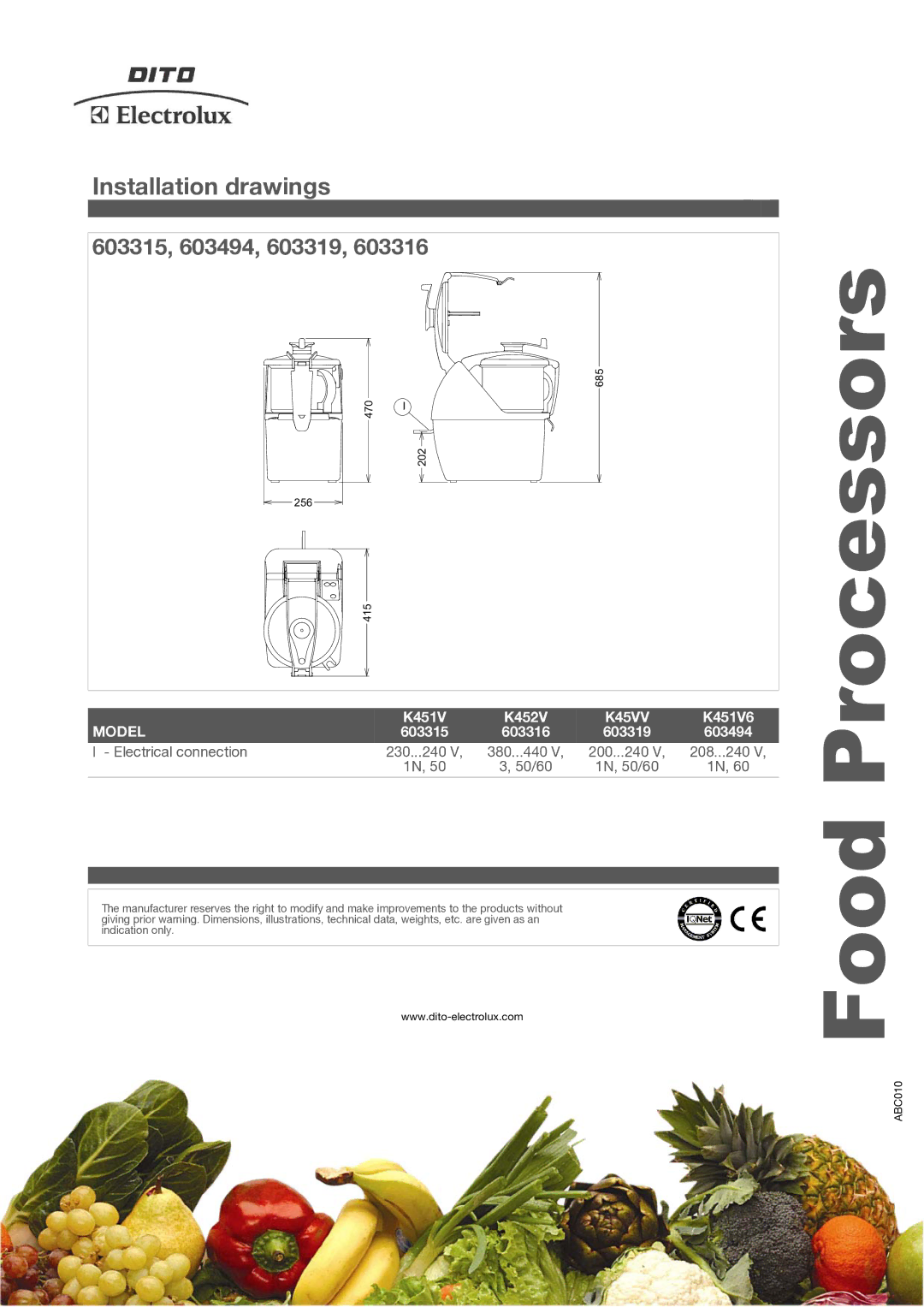 Electrolux K452V 603316, K451V6 603494, K451V 603315, K45VV 603319 manual Installation drawings, 603315 603316 