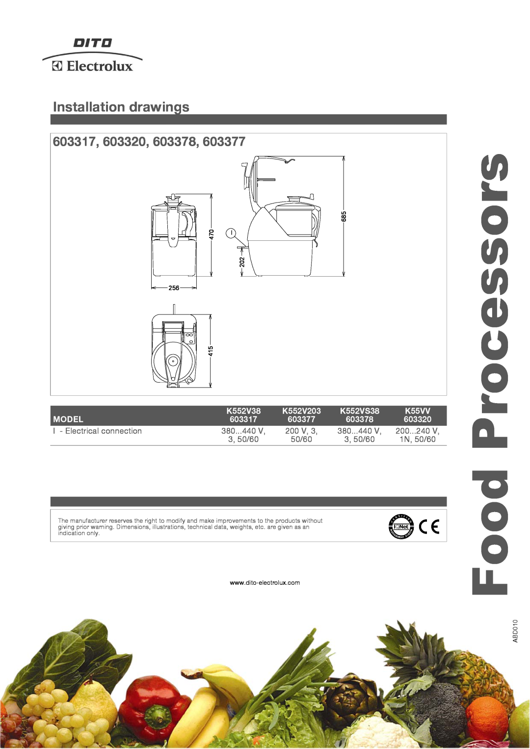 Electrolux K55VV manual Installation drawings, 603317, 603320, 603378, Food Processors, K552V38, K552V203, K552VS38, Model 