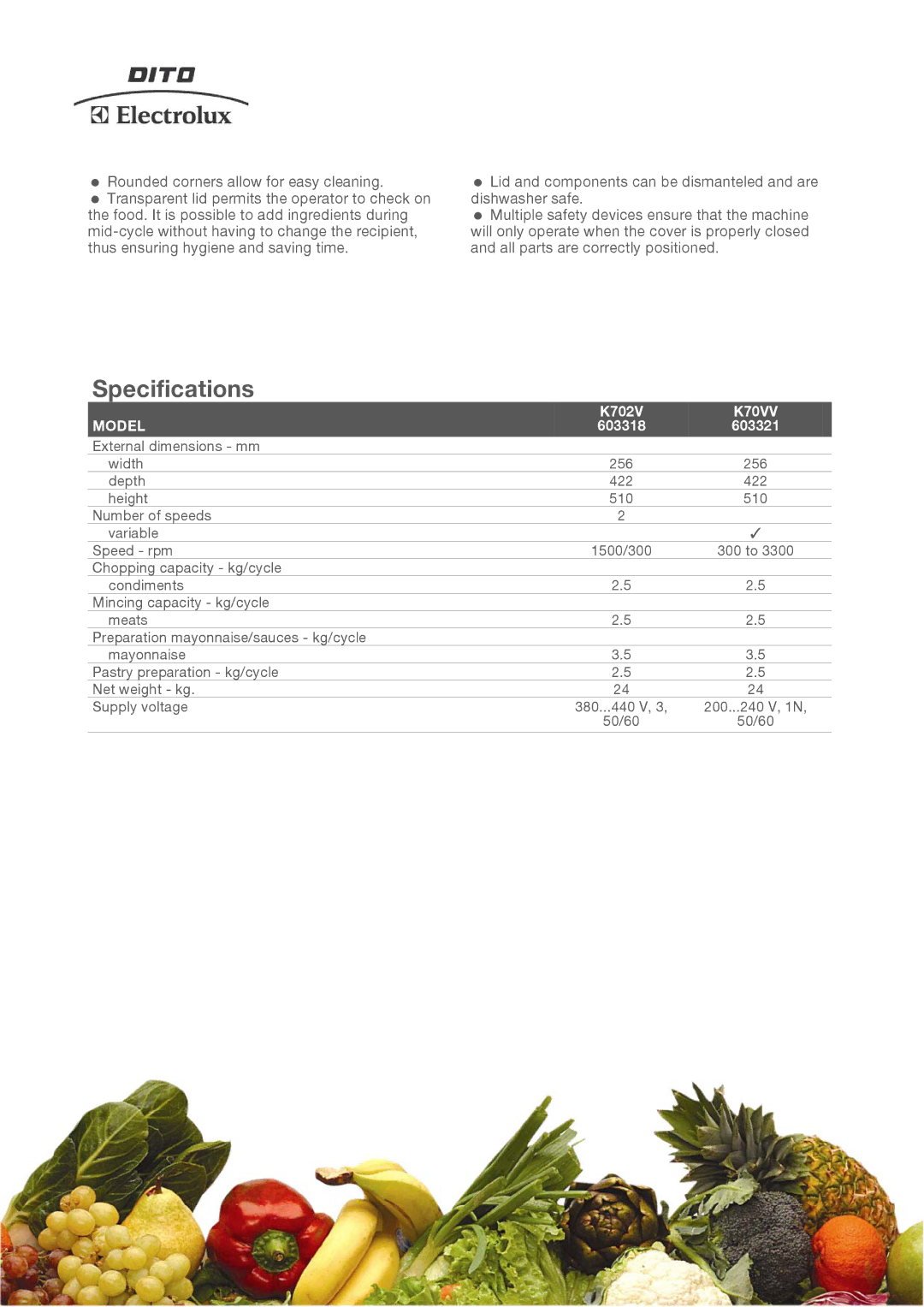 Electrolux K702V manual Specifications, K70VV, Model 