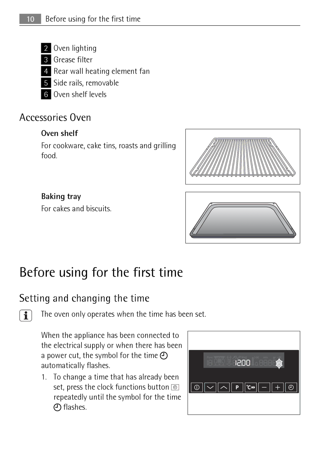 Electrolux KB9800E user manual Before using for the first time, Accessories Oven, Setting and changing the time, Oven shelf 