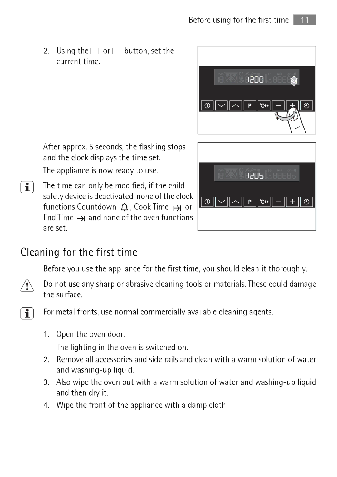 Electrolux KB9800E Cleaning for the first time, Using the or button, set the current time, Appliance is now ready to use 