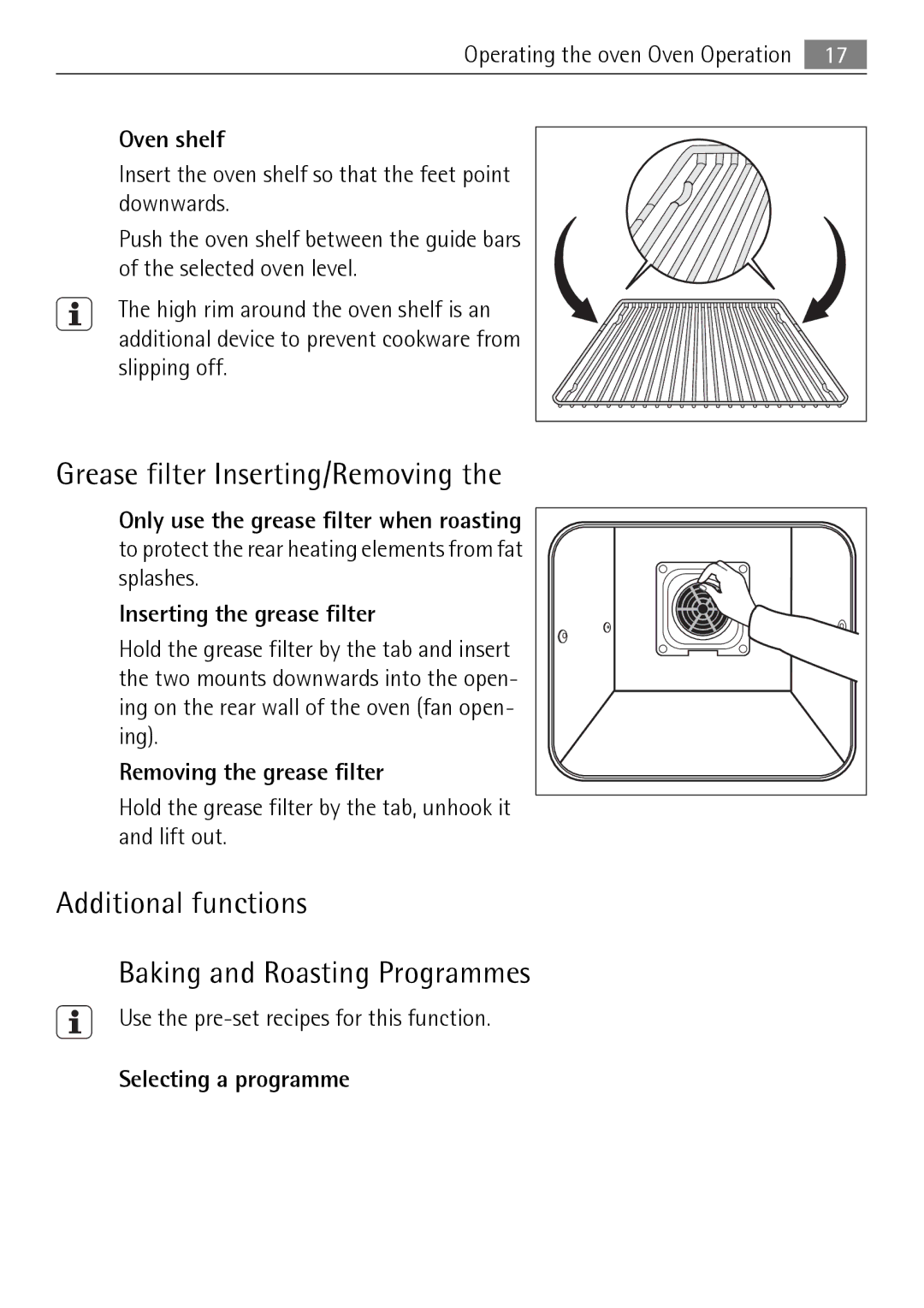 Electrolux KB9800E user manual Grease filter Inserting/Removing, Additional functions Baking and Roasting Programmes 