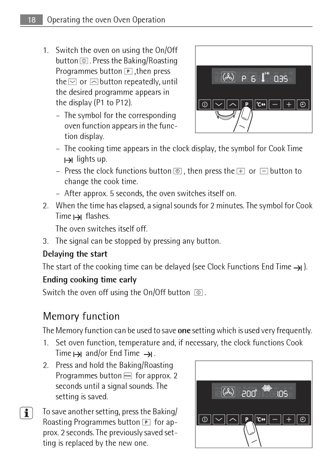 Electrolux KB9800E user manual Memory function, Delaying the start, Ending cooking time early 