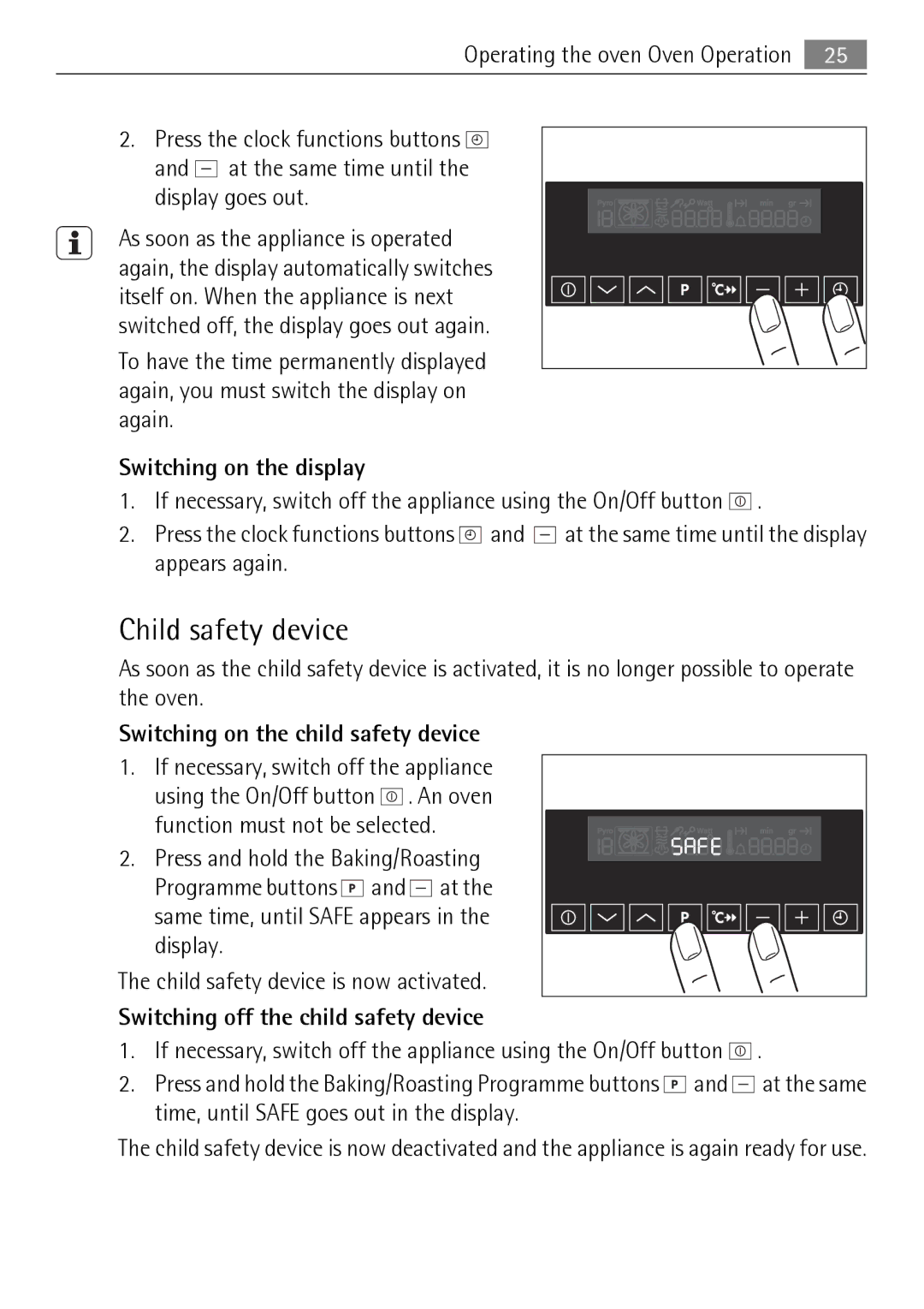 Electrolux KB9800E user manual Child safety device, Switching on the display, Switching on the child safety device 