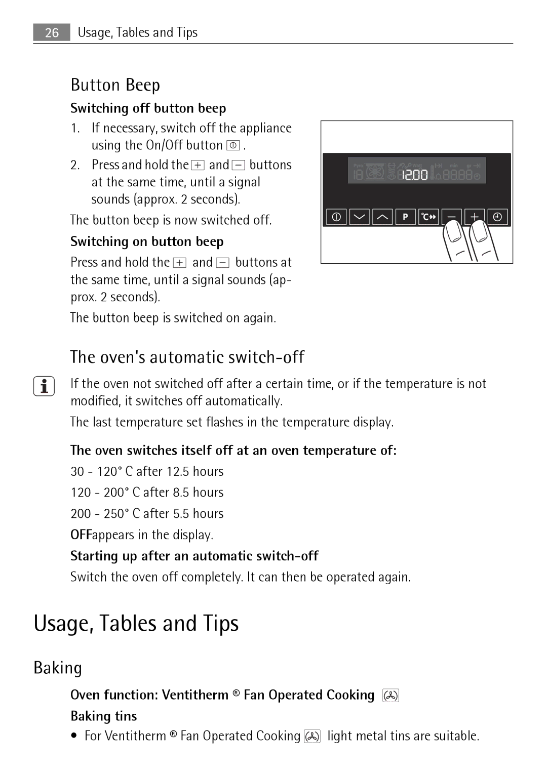 Electrolux KB9800E user manual Usage, Tables and Tips, Button Beep, Ovens automatic switch-off, Baking 