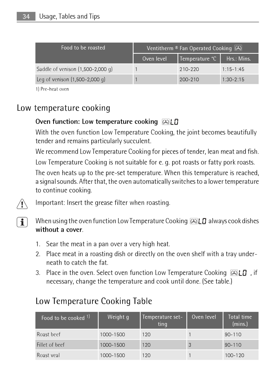 Electrolux KB9800E user manual Low Temperature Cooking Table, Oven function Low temperature cooking 