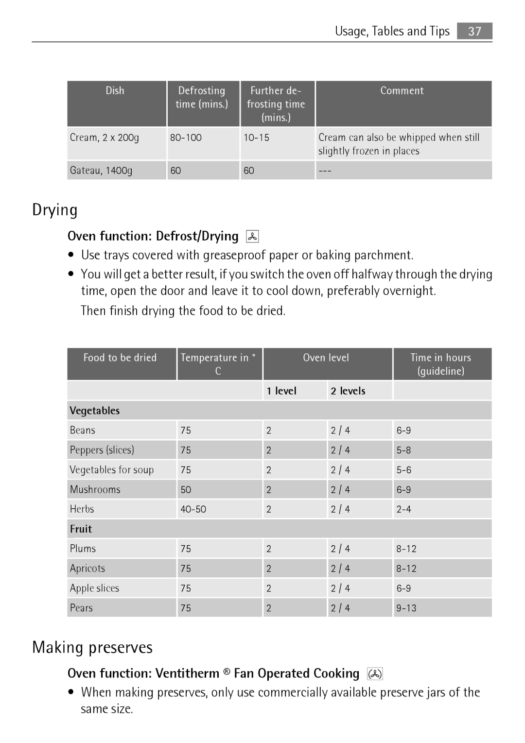 Electrolux KB9800E user manual Making preserves, Oven function Defrost/Drying, Then finish drying the food to be dried 