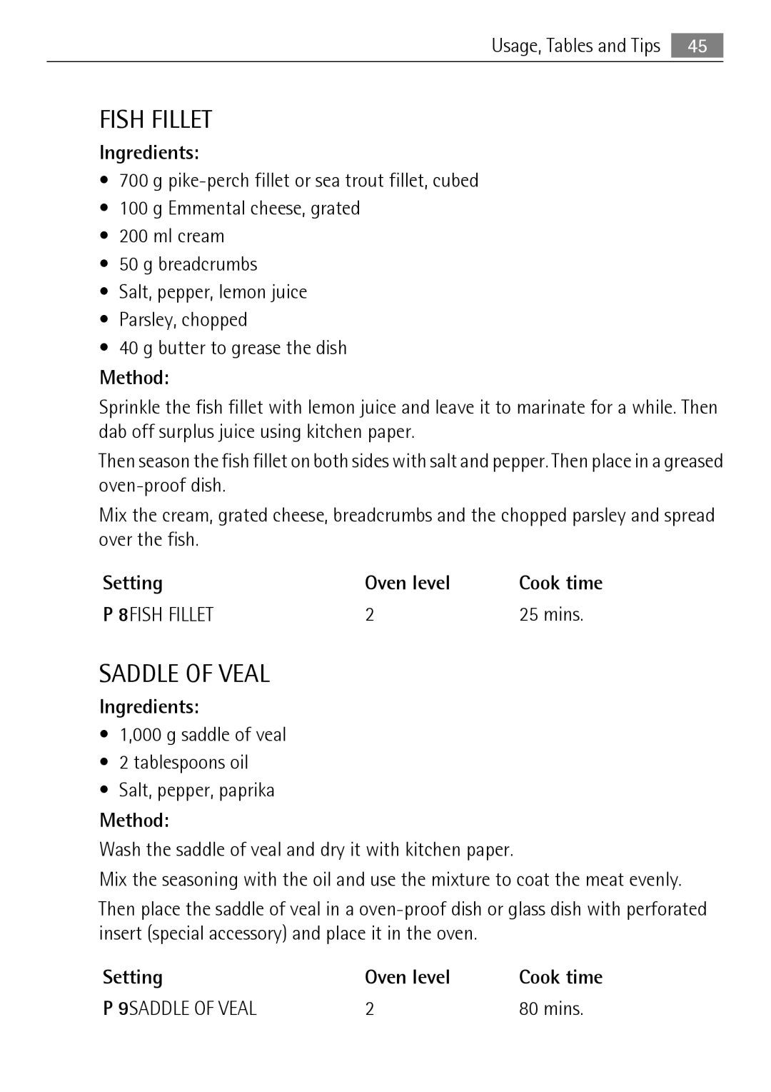 Electrolux KB9800E user manual Fish Fillet, Saddle of Veal, Saddle of veal Tablespoons oil Salt, pepper, paprika 