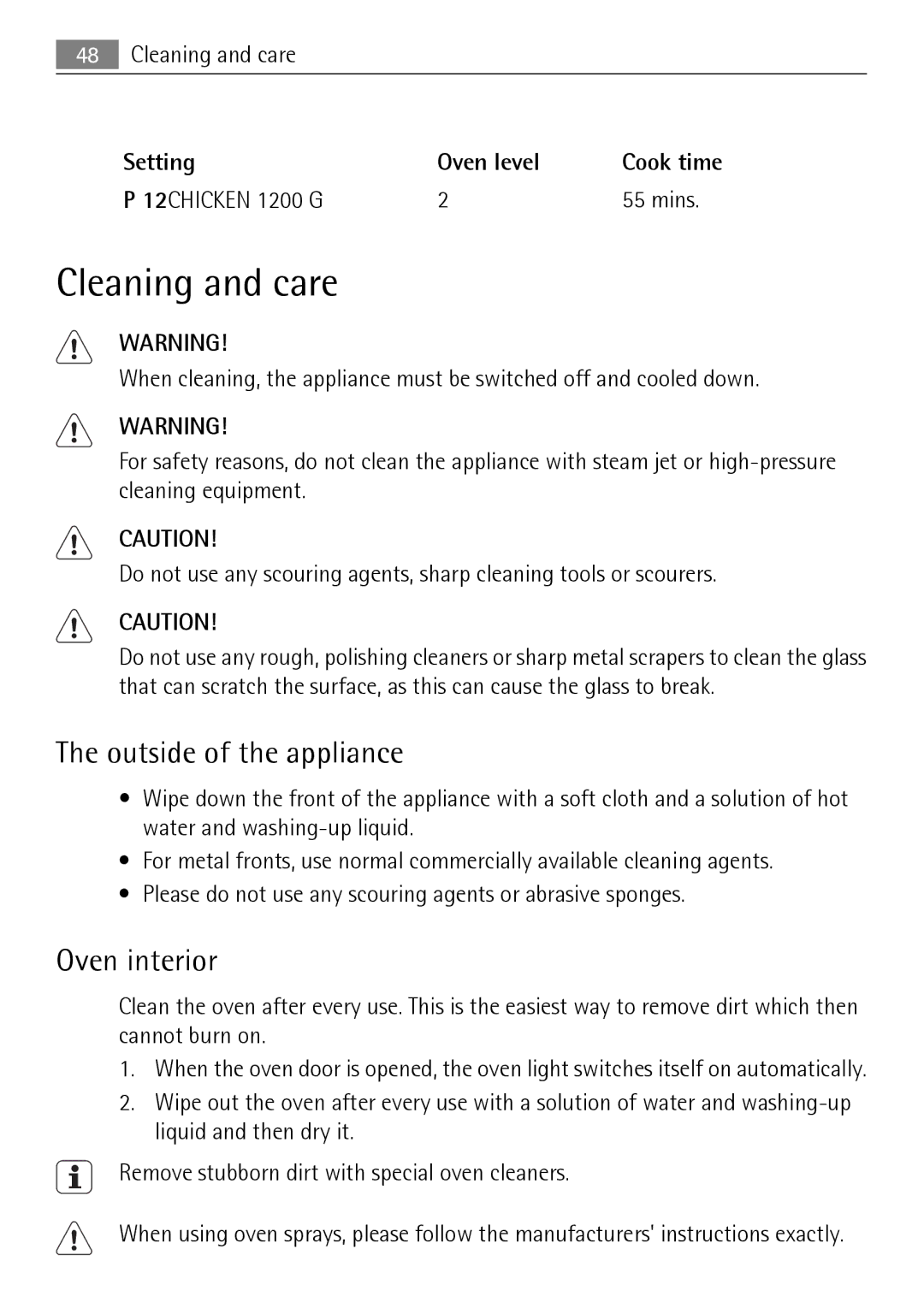 Electrolux KB9800E user manual Cleaning and care, Outside of the appliance, Oven interior, 12CHICKEN 1200 G Mins 