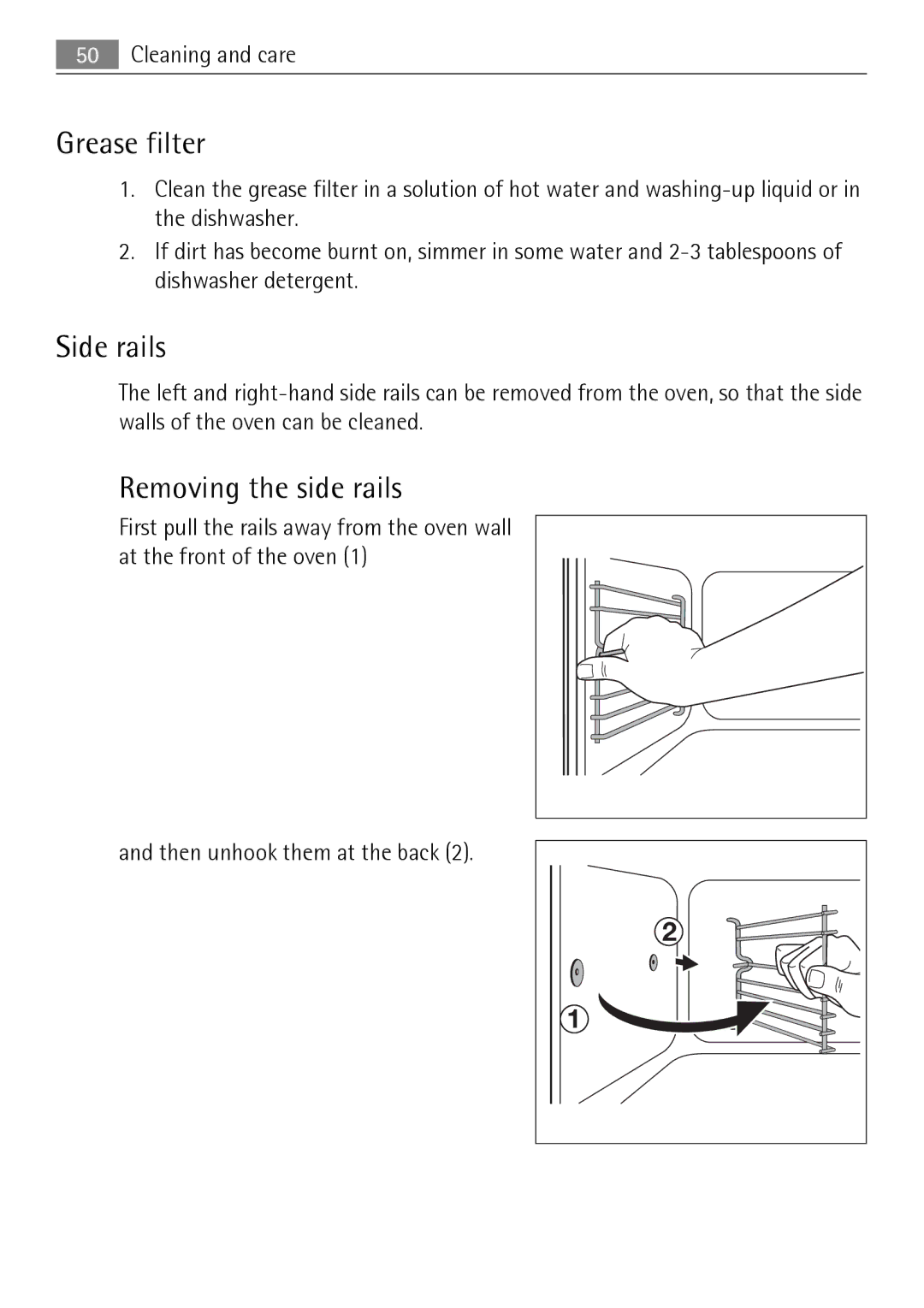 Electrolux KB9800E user manual Grease filter, Side rails, Removing the side rails 