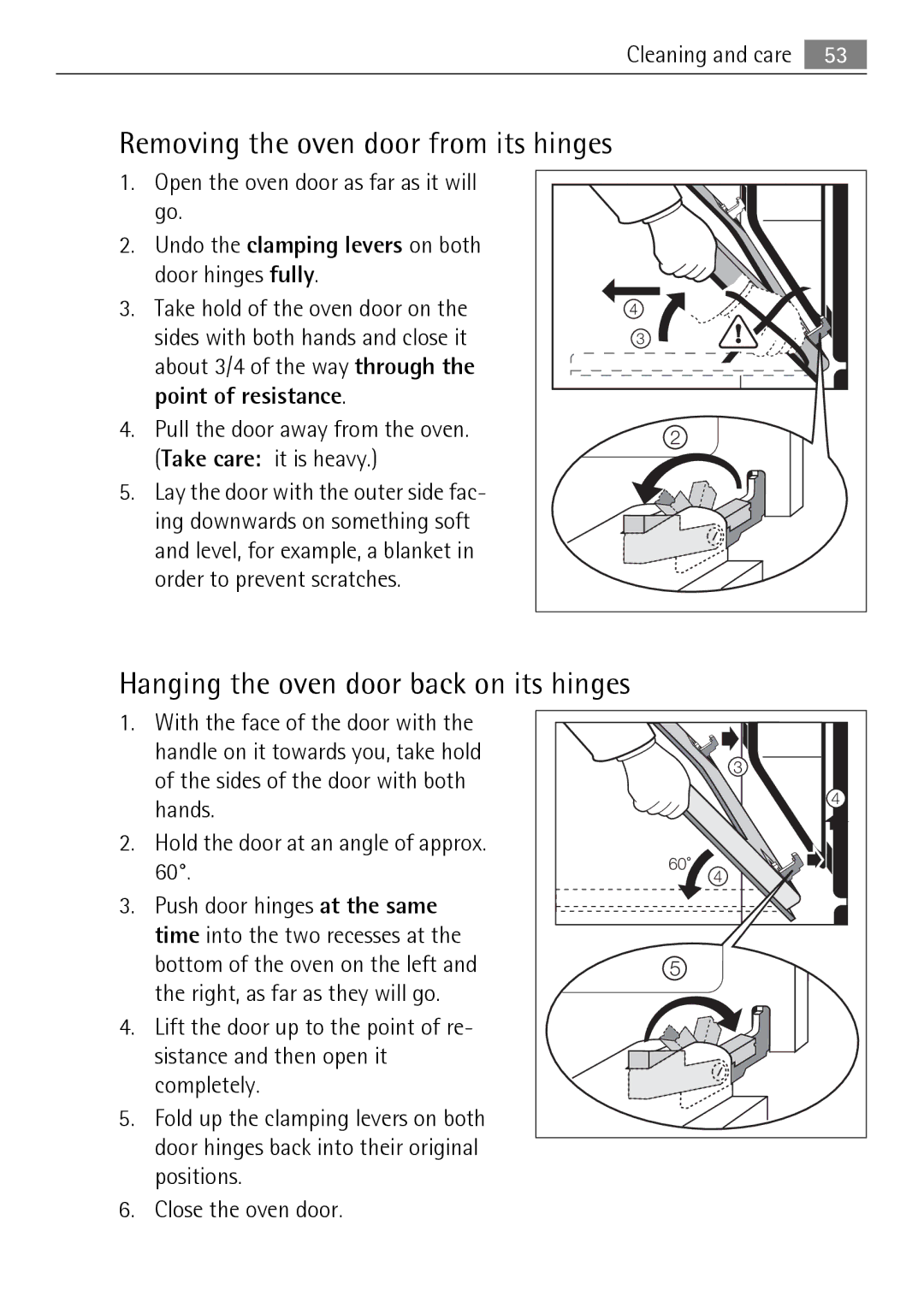 Electrolux KB9800E user manual Removing the oven door from its hinges, Hanging the oven door back on its hinges 