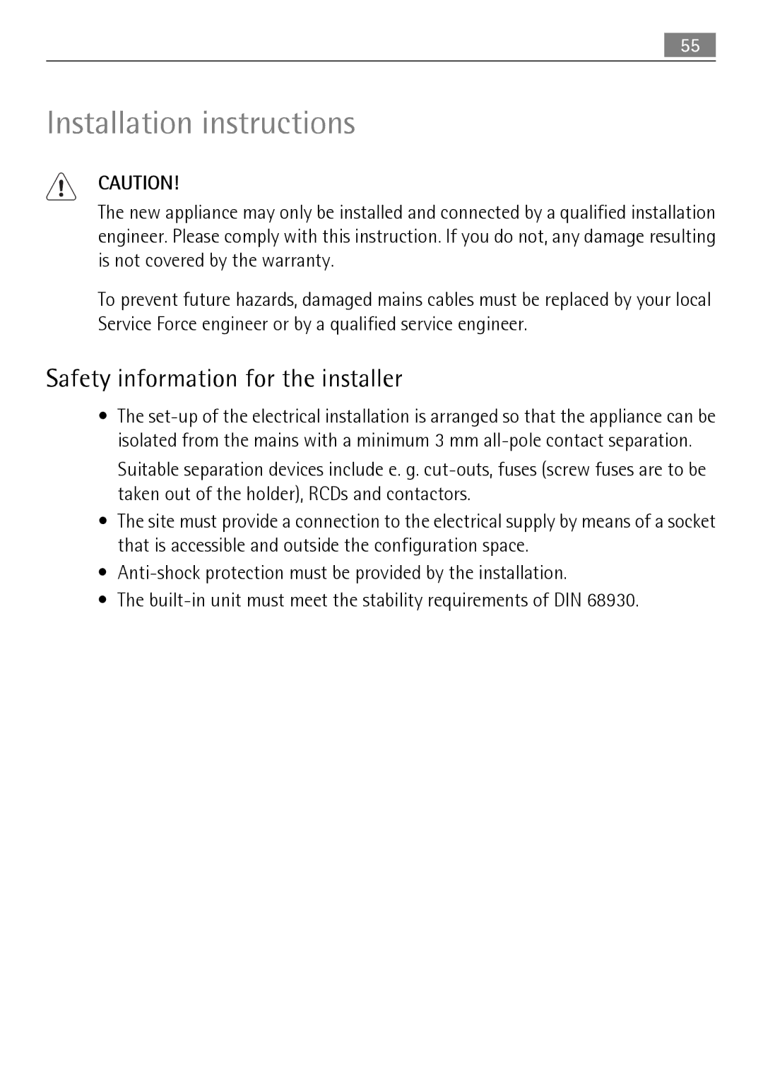 Electrolux KB9800E user manual Installation instructions, Safety information for the installer 