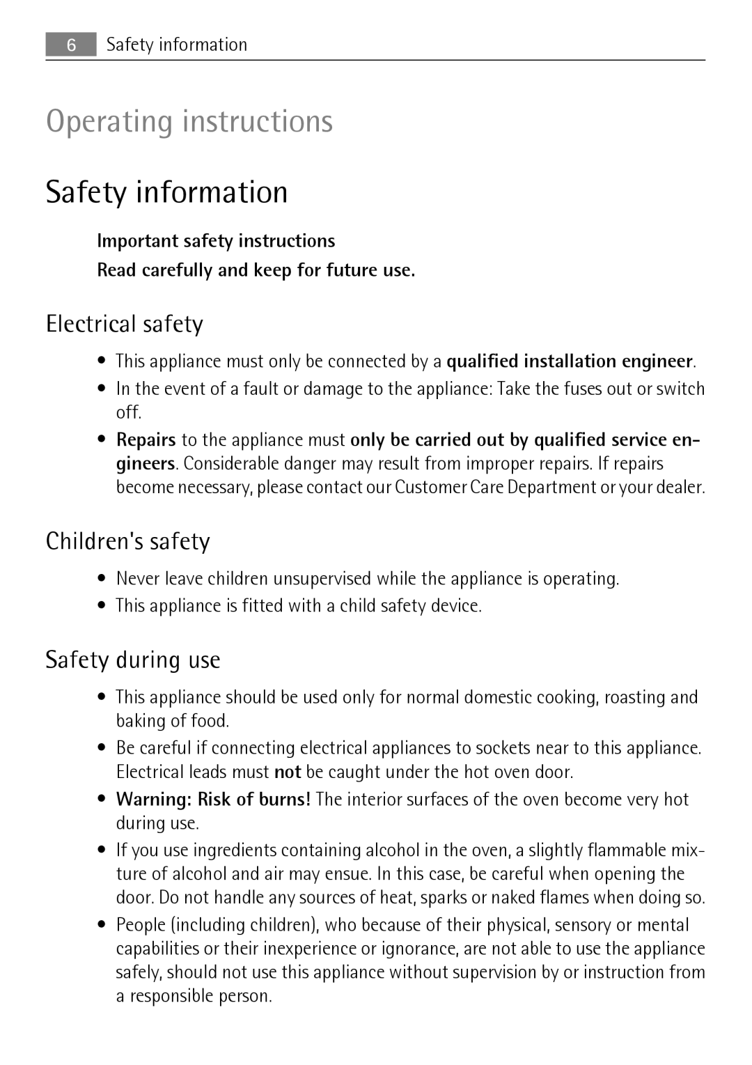 Electrolux KB9800E user manual Safety information, Electrical safety, Childrens safety, Safety during use 