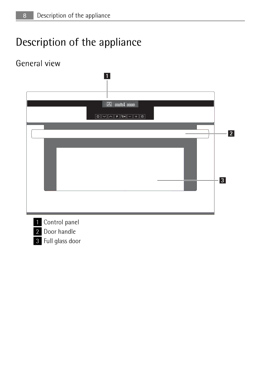 Electrolux KB9800E user manual Description of the appliance, General view, Control panel Door handle Full glass door 