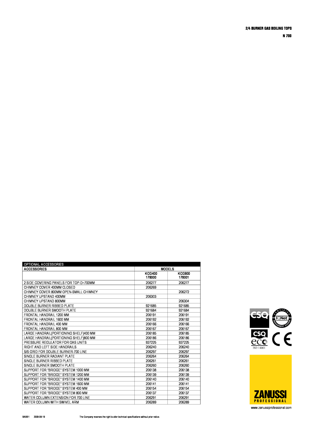 Electrolux 178000, KCG800, KCG400, 178001, N 700 dimensions Zanussi, Optional Accessories, Models 