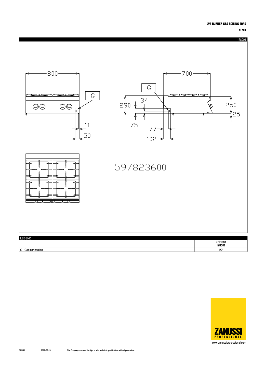 Electrolux N 700, KCG400, 178000 dimensions Zanussi, 178001, G - Gas connection, KCG800, BABB1, 2009-06-19 
