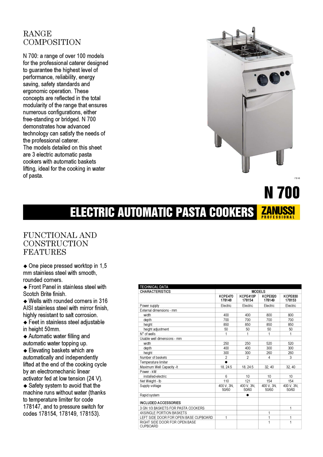 Electrolux KCPE820, KCPE470, KCPE410P, KCPE830 dimensions Technical Data, Characteristics Models, Included Accessories 