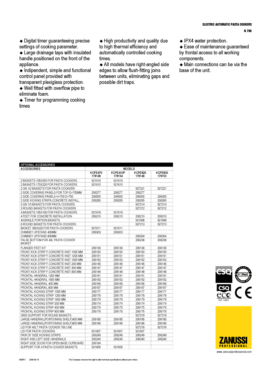 Electrolux KCPE410P, KCPE470, KCPE820, KCPE830 dimensions Optional Accessories, Accessories Models 