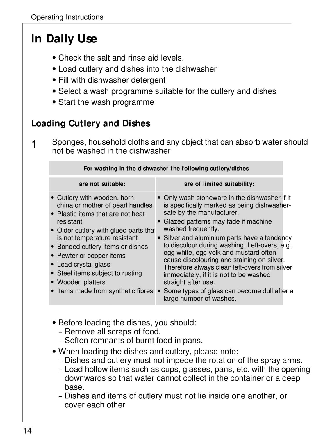 Electrolux KDW 3 manual Daily Use, Loading Cutlery and Dishes 