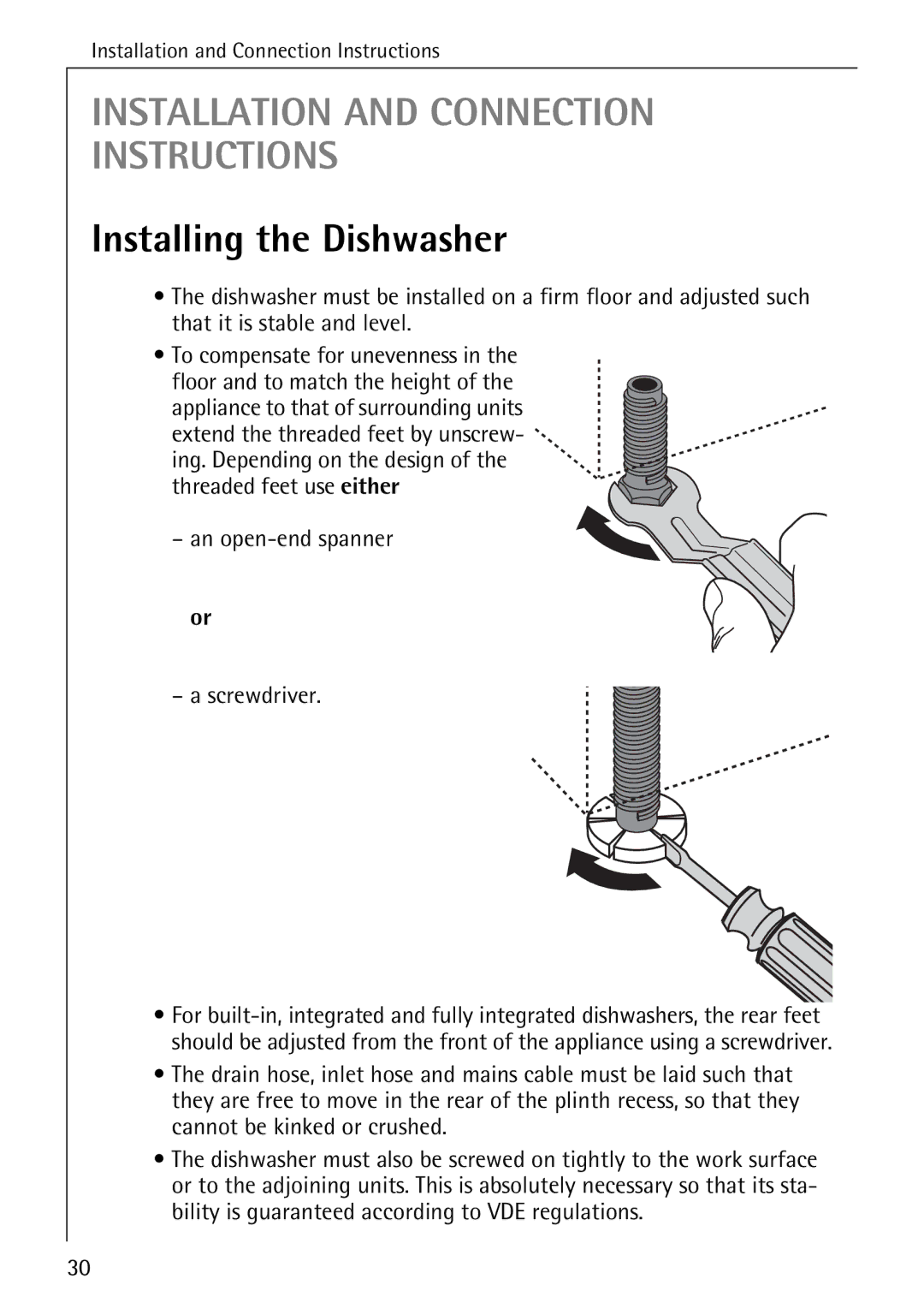 Electrolux KDW 3 manual Installing the Dishwasher, An open-end spanner Screwdriver 