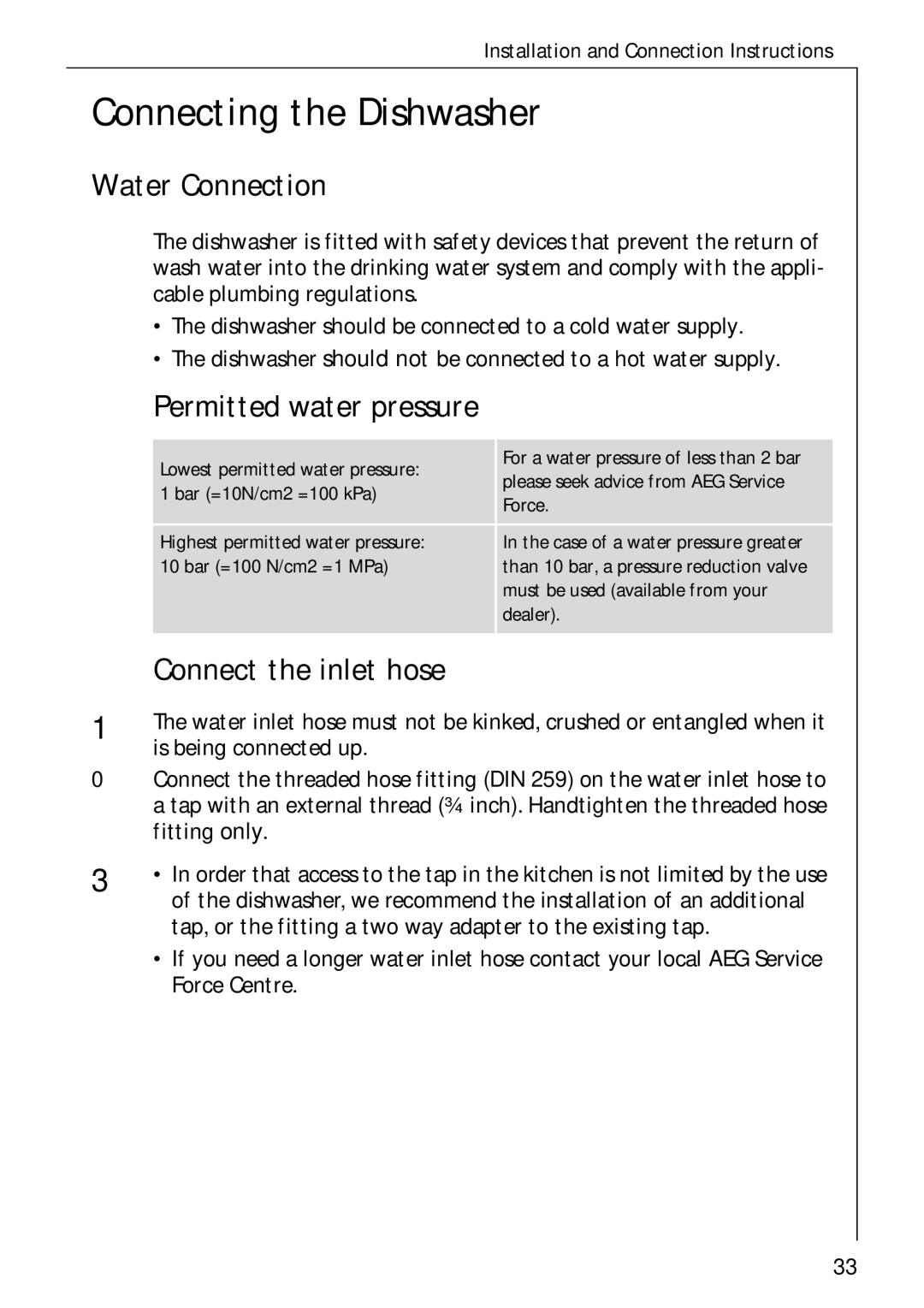 Electrolux KDW 3 manual Connecting the Dishwasher, Water Connection, Permitted water pressure, Connect the inlet hose 