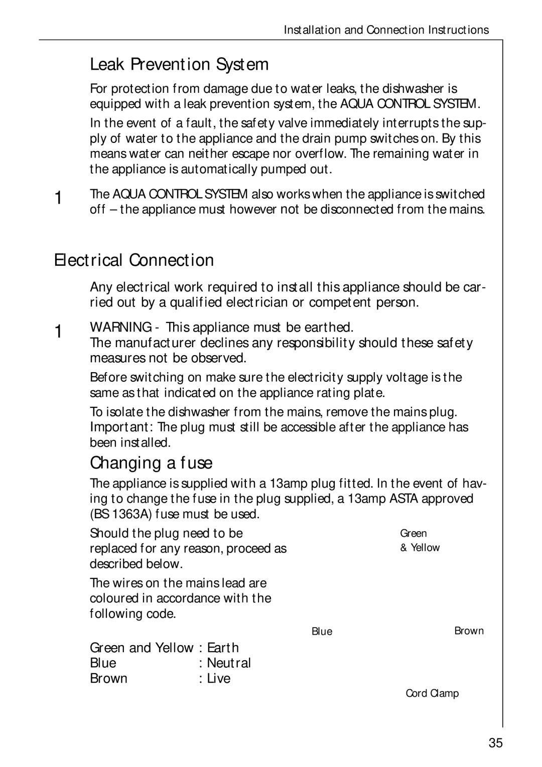 Electrolux KDW 3 manual Leak Prevention System, Electrical Connection, Changing a fuse 