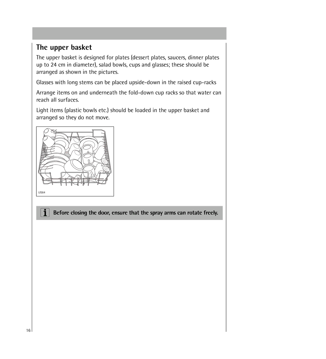 Electrolux KDW1 operating instructions Upper basket 