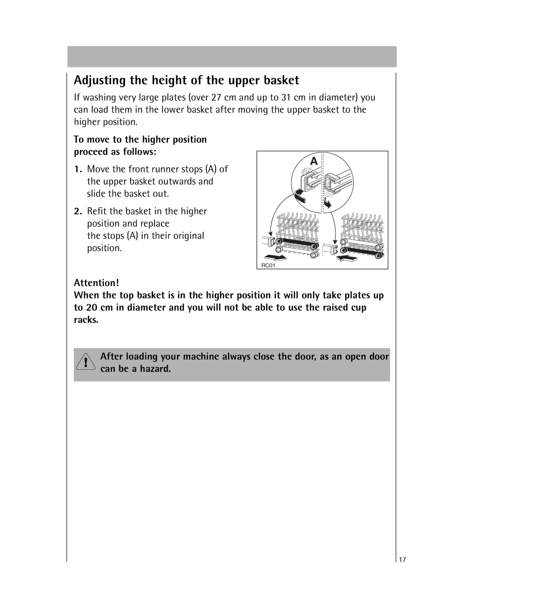 Electrolux KDW1 operating instructions Adjusting the height of the upper basket 