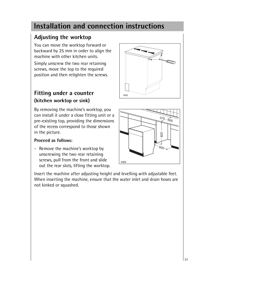 Electrolux KDW1 Installation and connection instructions, Adjusting the worktop, Fitting under a counter 