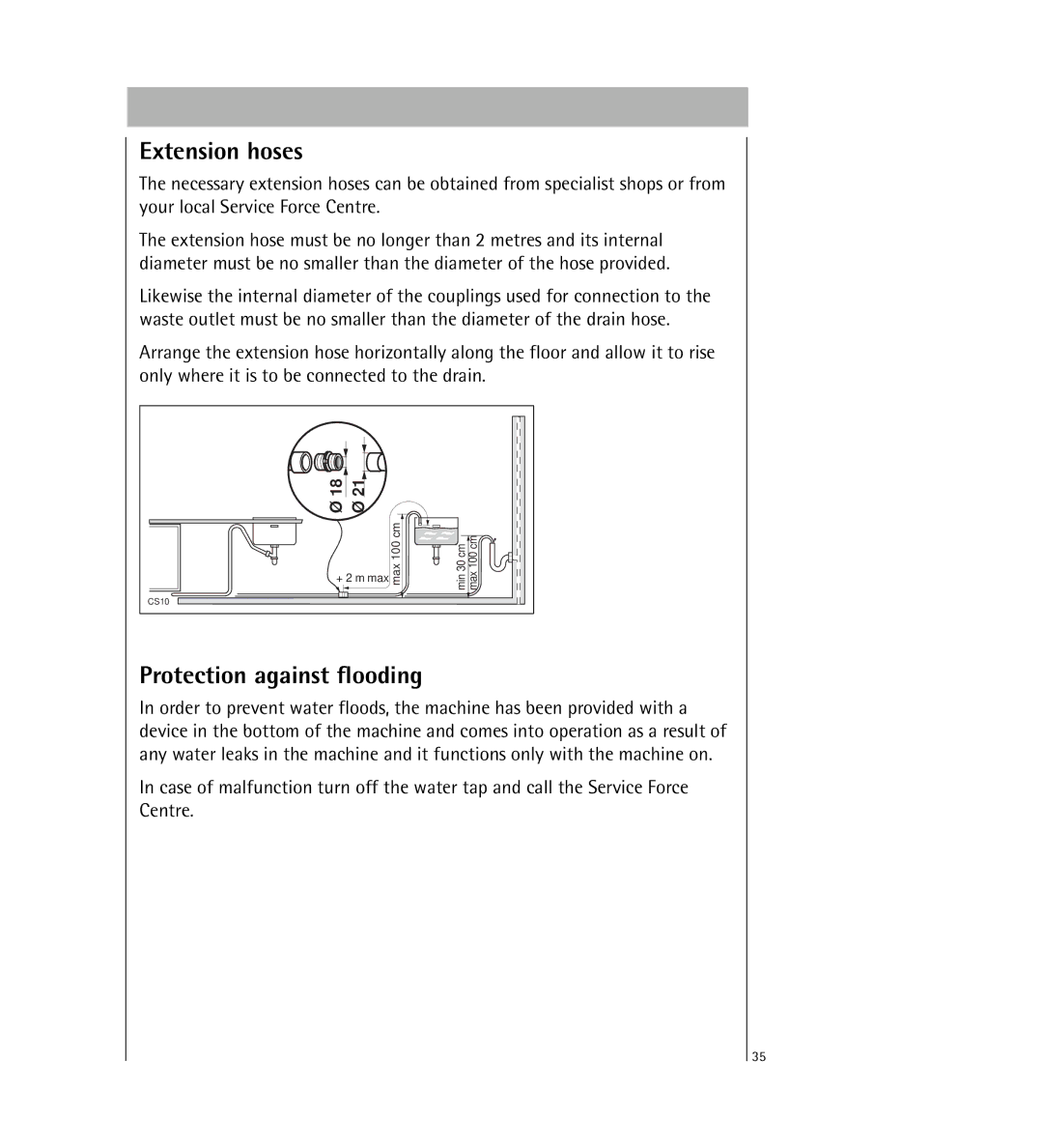 Electrolux KDW1 operating instructions Extension hoses, Protection against flooding 