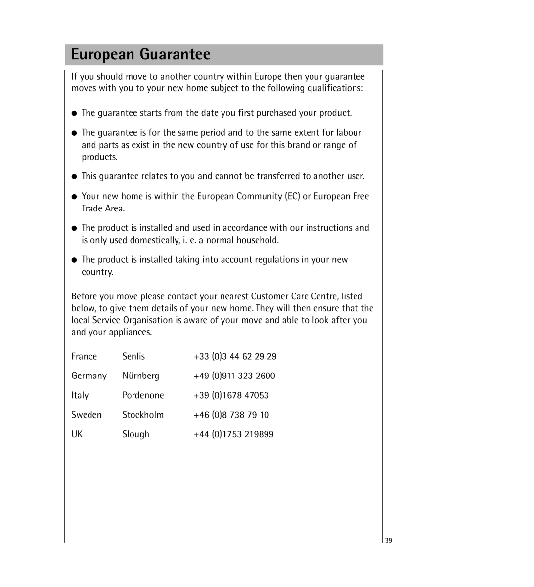 Electrolux KDW1 operating instructions European Guarantee 