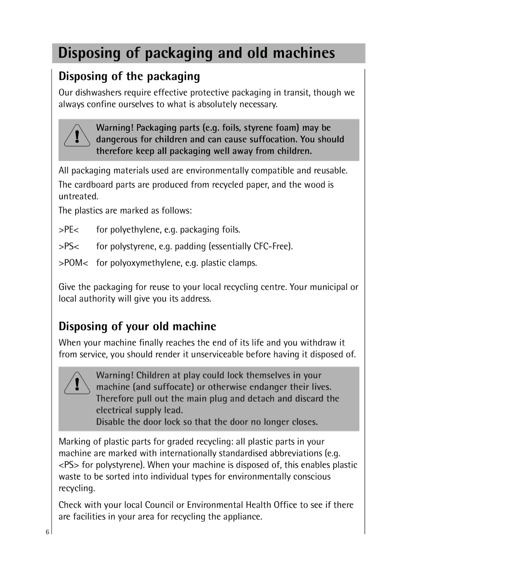 Electrolux KDW1 Disposing of packaging and old machines, Disposing of the packaging, Disposing of your old machine 