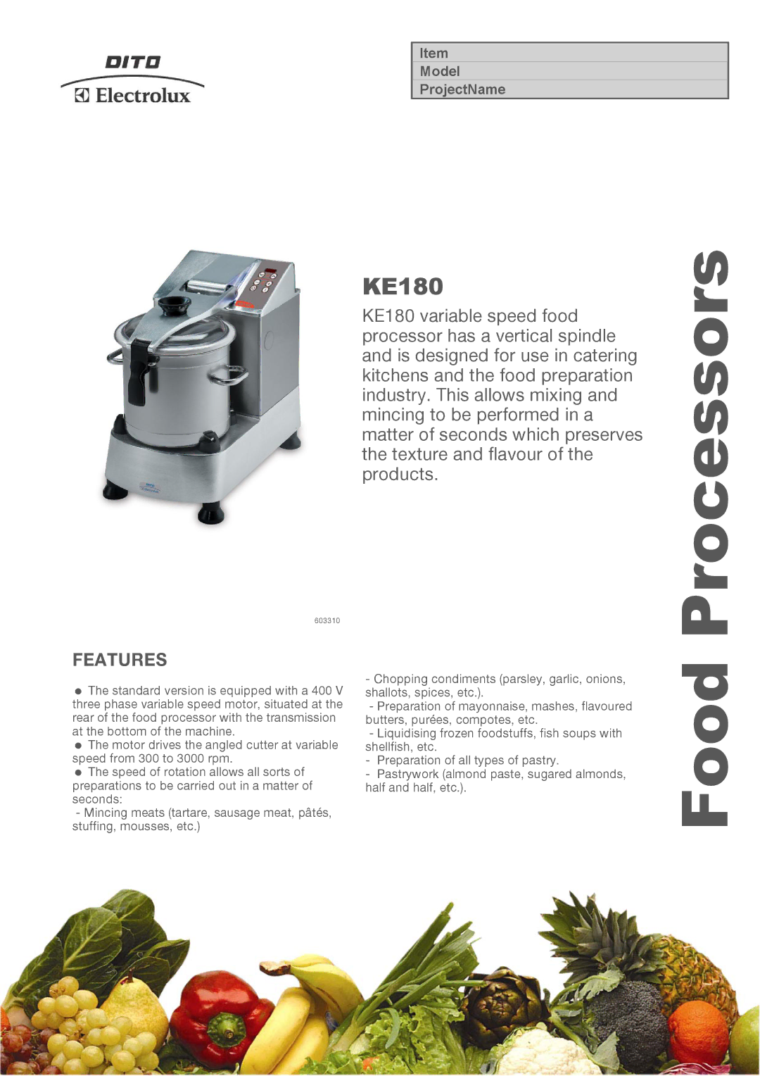 Electrolux KE180F, 603310 manual Processors, Food 