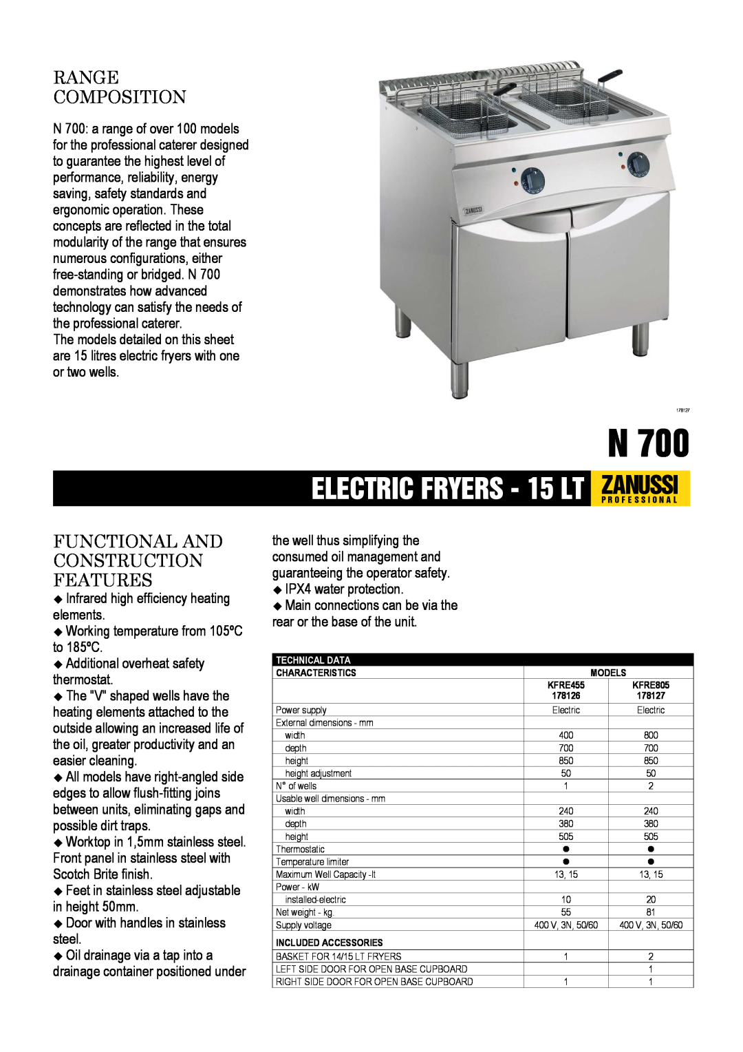 Electrolux KFRE805, KFRE455 dimensions Infrared high efficiency heating elements, Working temperature from 105ºC to 185ºC 