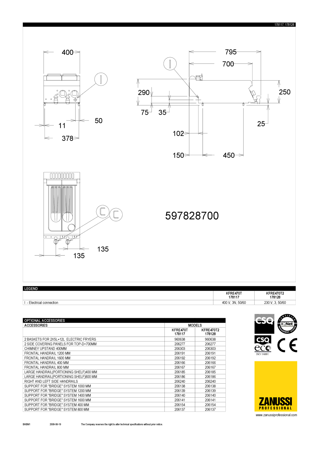 Electrolux 178117, KFRE470T2, 178128 dimensions 597828700 