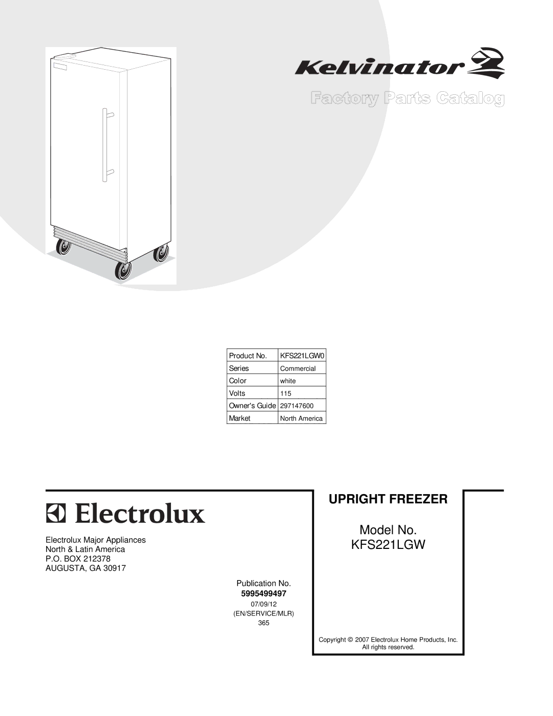 Electrolux manual Upright Freezer, KFS221LGW0 