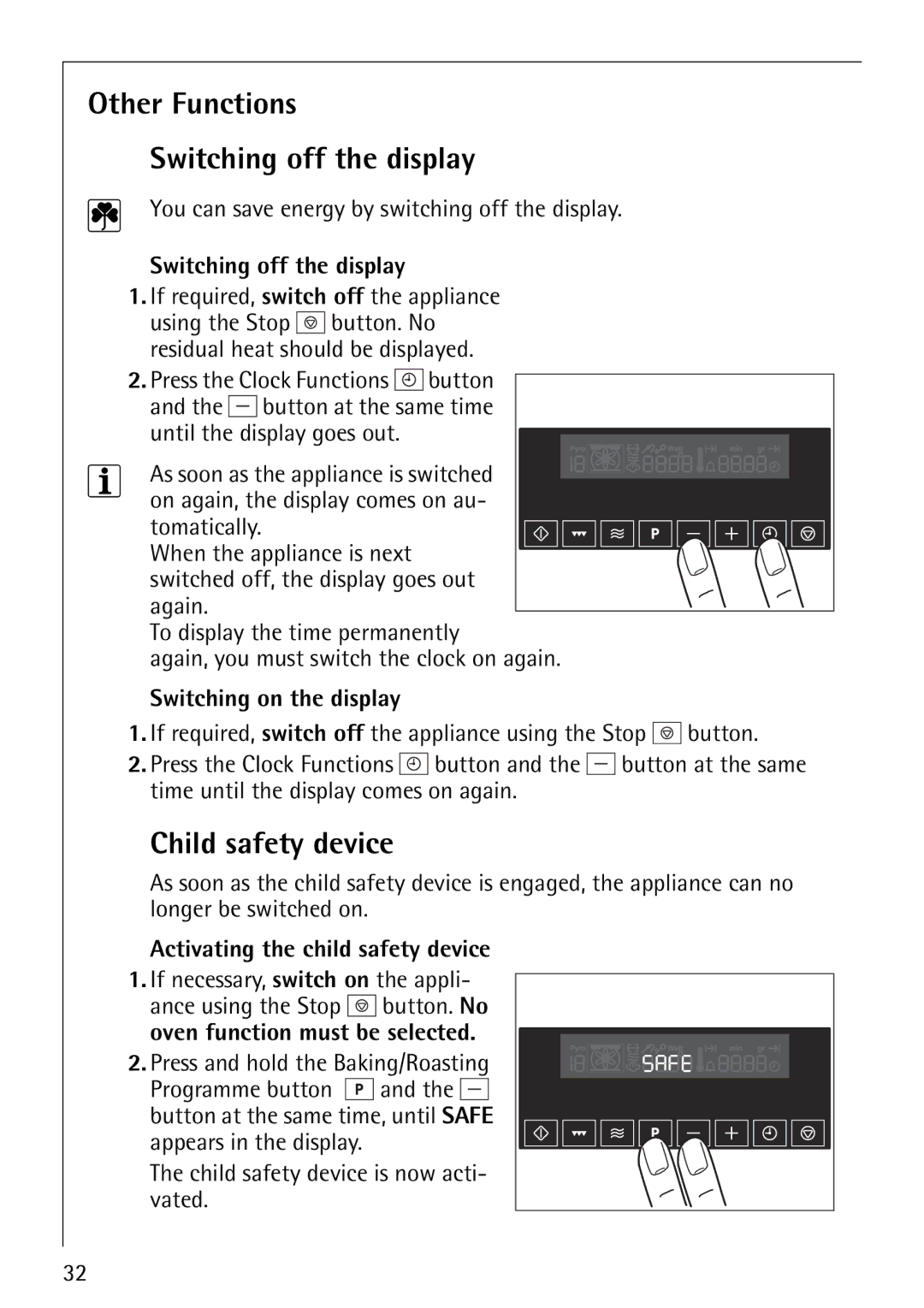 Electrolux KM9800E manual Other Functions Switching off the display, Child safety device, Switching on the display 