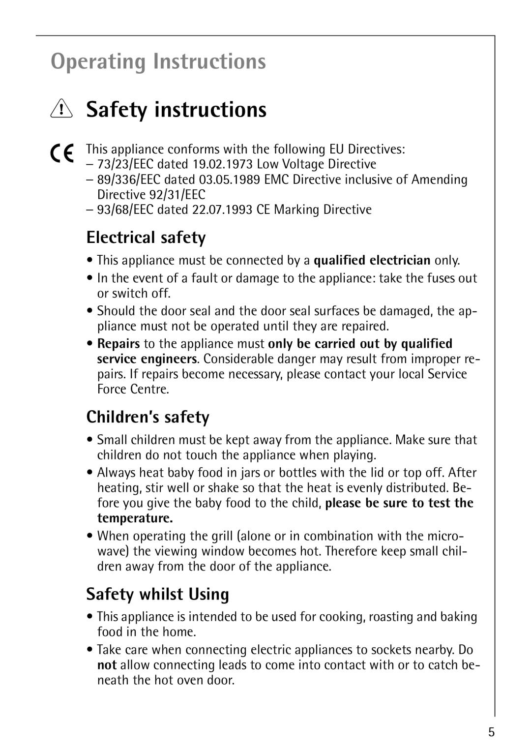 Electrolux KM9800E manual Safety instructions, Electrical safety, Children’s safety, Safety whilst Using 