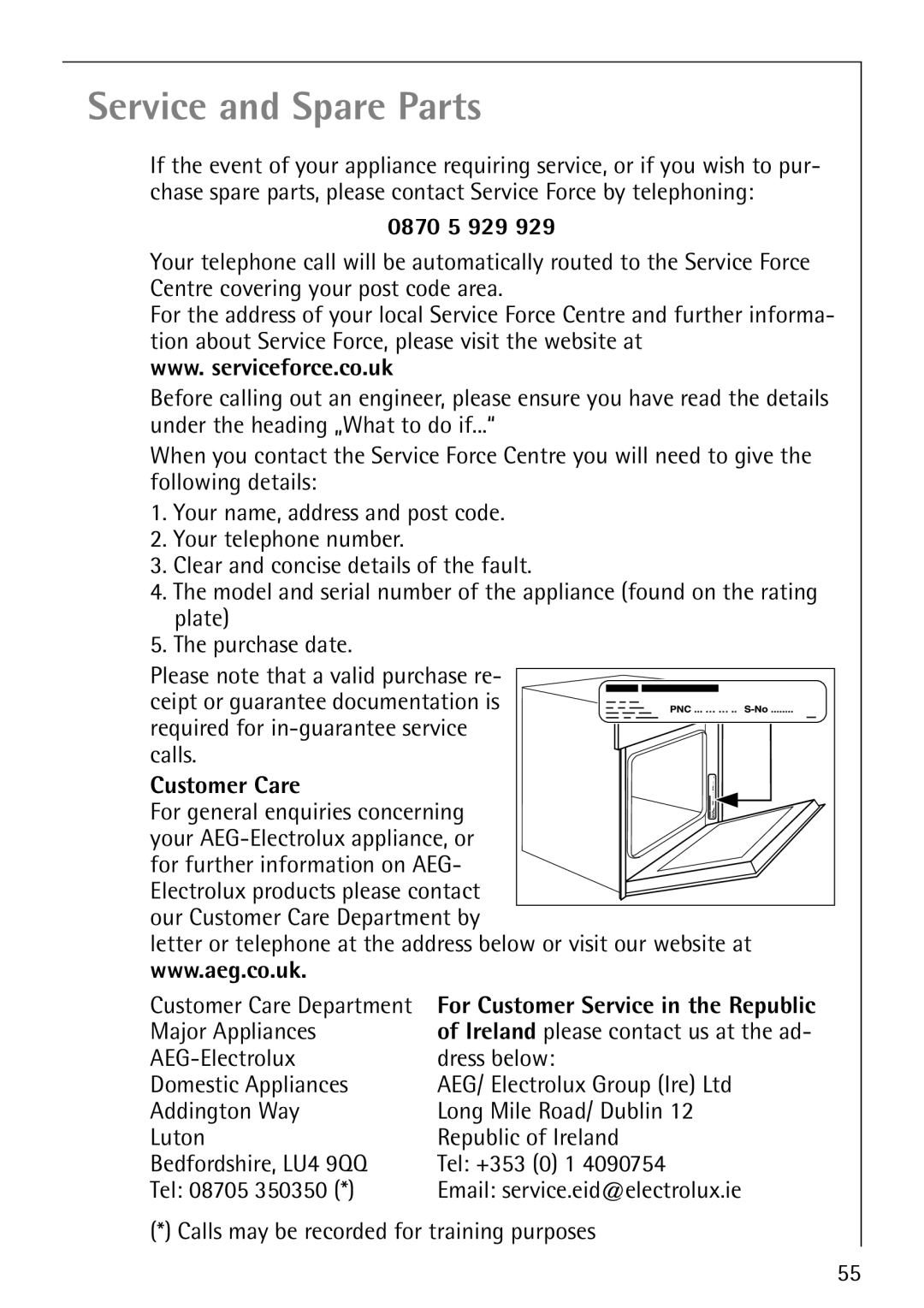 Electrolux KM9800E manual 0870 5 929, Customer Care, For Customer Service in the Republic 