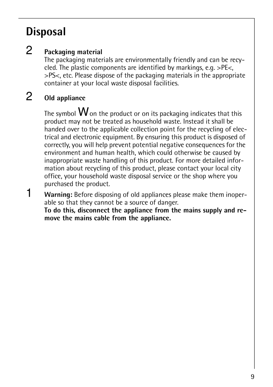 Electrolux KM9800E manual Disposal, Packaging material, Old appliance 