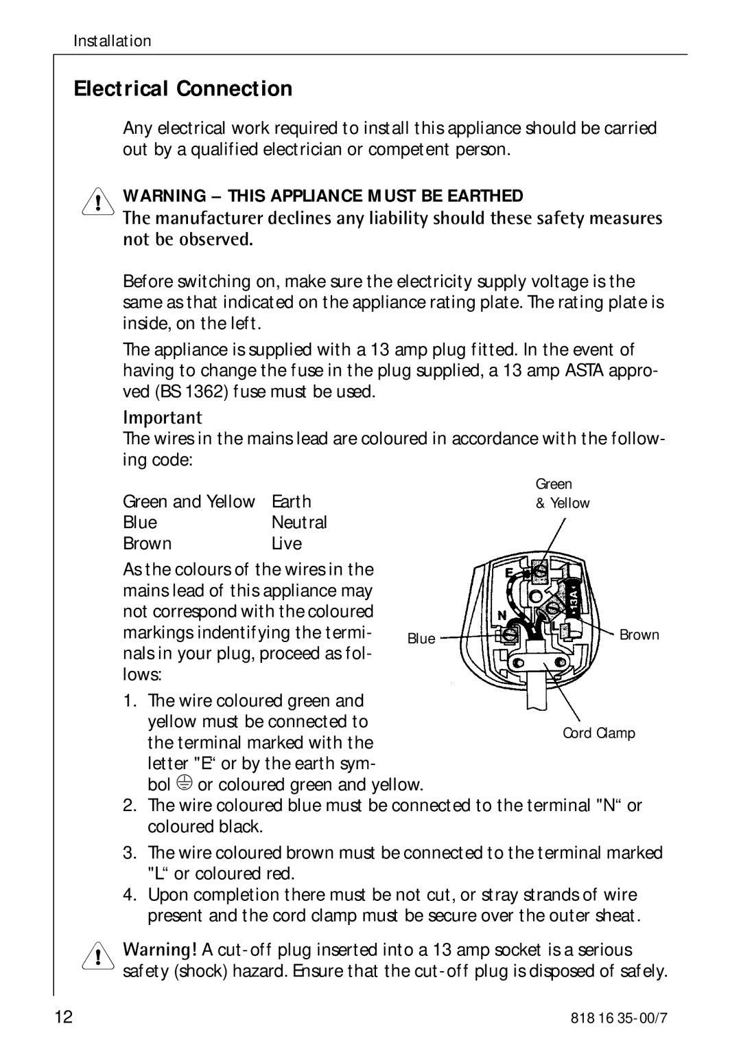 Electrolux KO_SANTO 4085 operating instructions Electrical Connection 