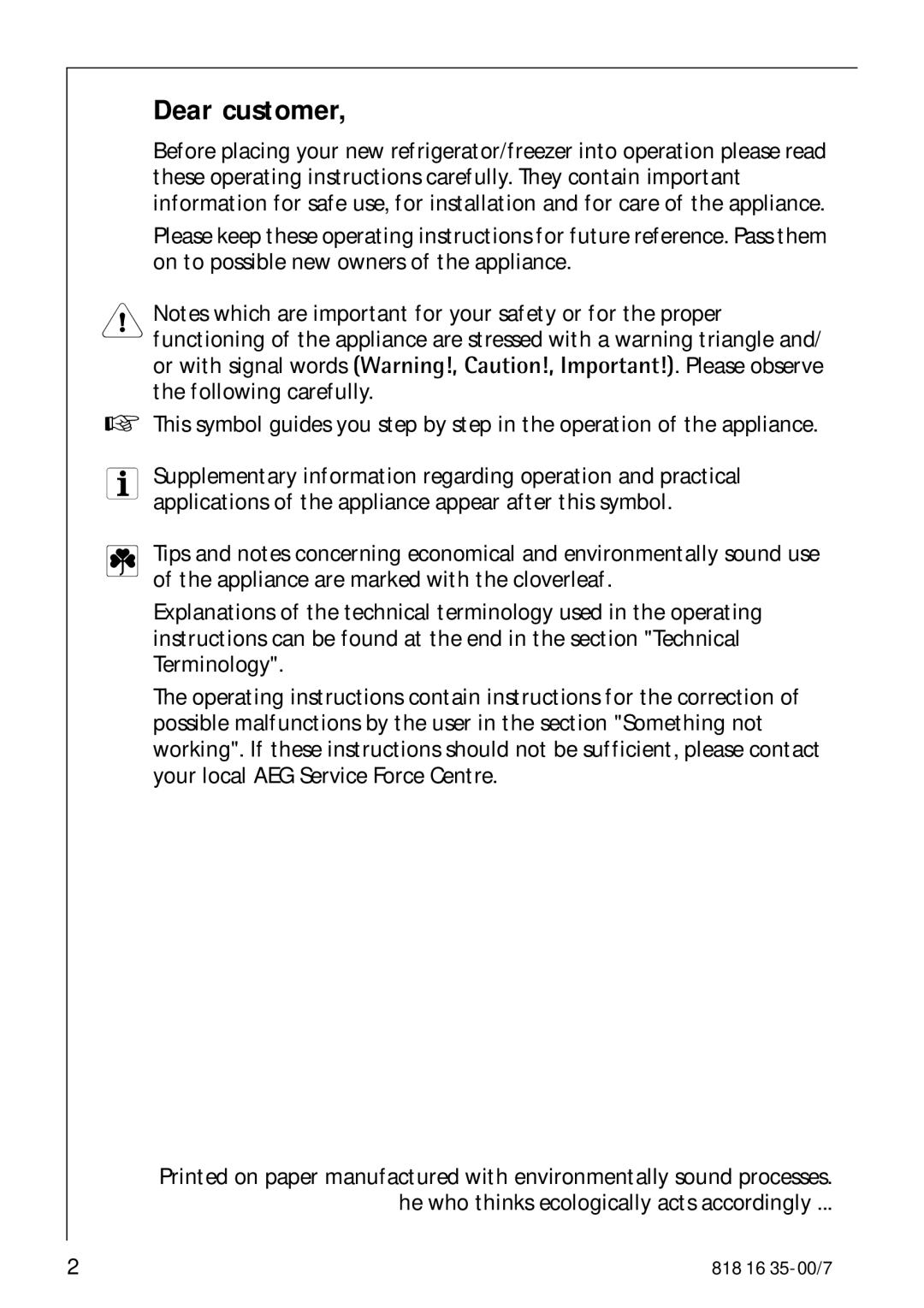 Electrolux KO_SANTO 4085 operating instructions Dear customer 