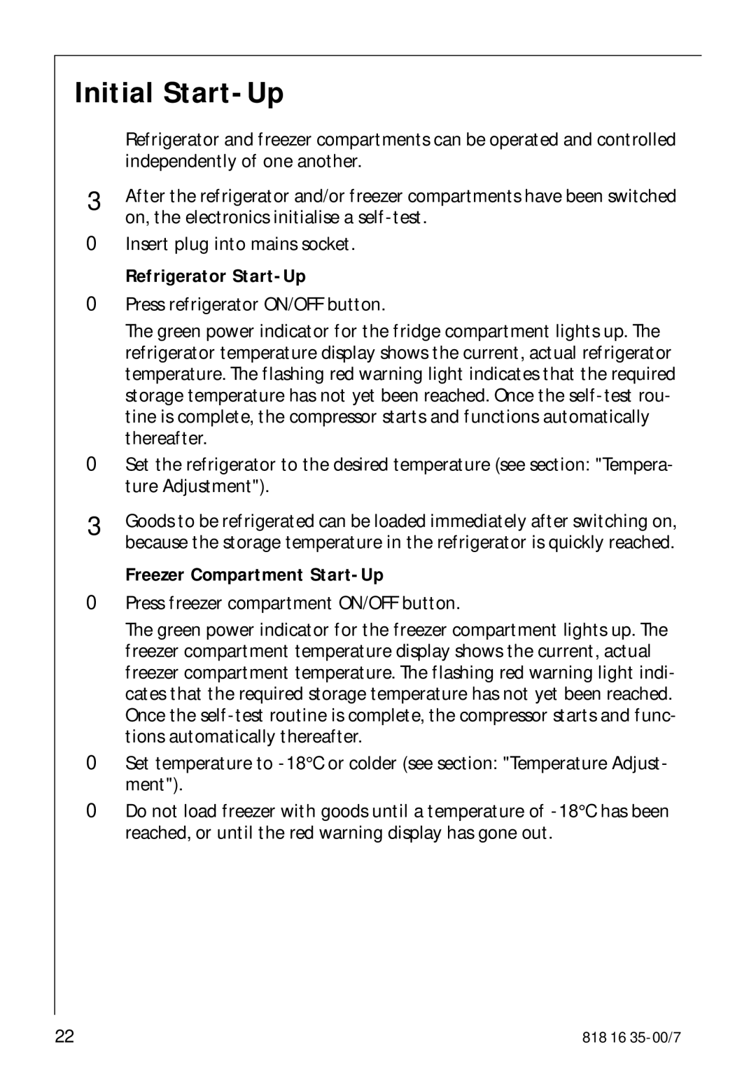 Electrolux KO_SANTO 4085 operating instructions Initial Start-Up, Refrigerator Start-Up, Freezer Compartment Start-Up 