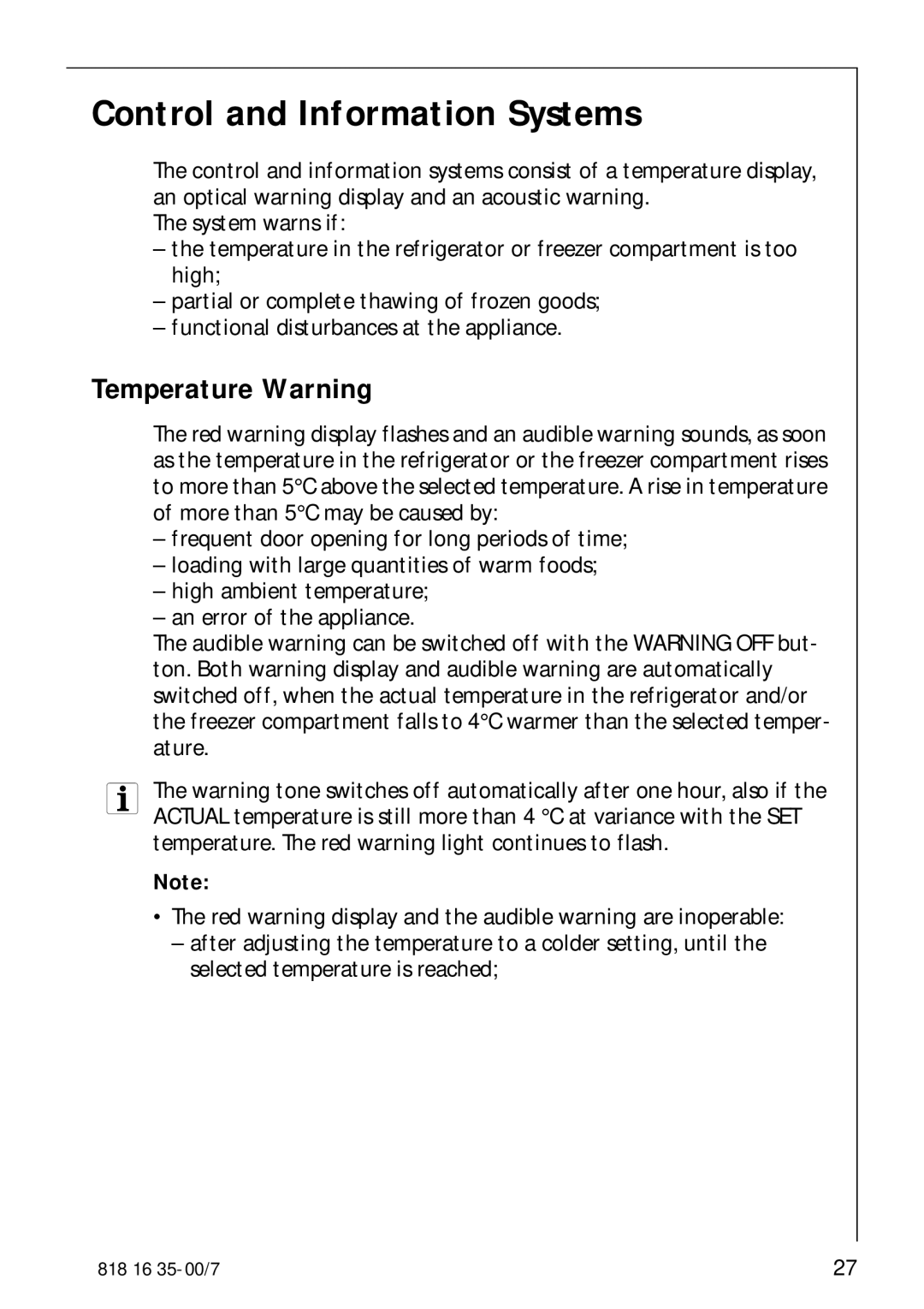 Electrolux KO_SANTO 4085 operating instructions Control and Information Systems, Temperature Warning 