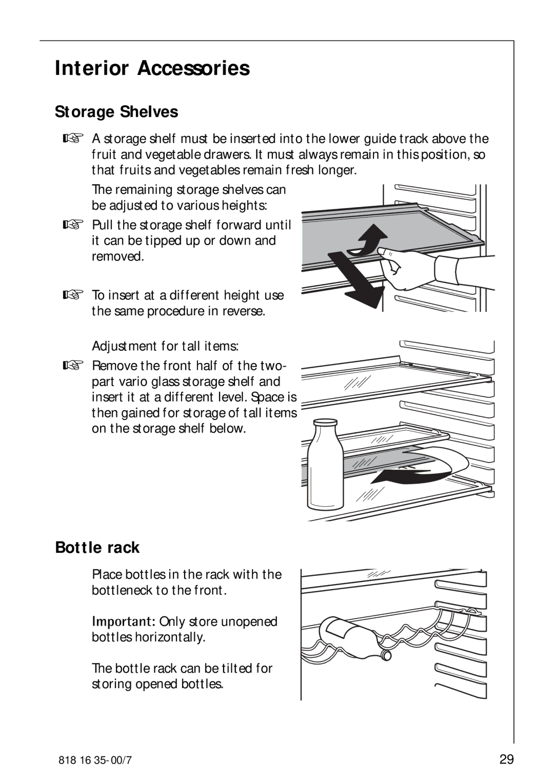 Electrolux KO_SANTO 4085 operating instructions Interior Accessories, Storage Shelves, Bottle rack 